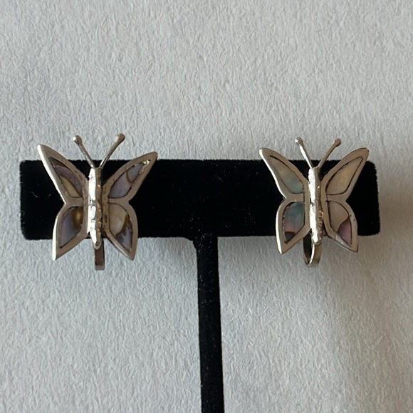 TAXCO Mexico RM Sterling Silver Abalone Inlay Butterfly Screw Back Earrings 925 - Picture 5 of 14